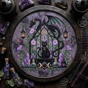 magical fantasy cross-stitch pattern featuring a black cat sitting inside a gothic greenhouse while a dark dragon with green wings curls protectively around the roof. The scene is decorated with lavender flowers, leafy vines, purple crystals, potion bottles, hanging lanterns, crescent moon charms, and celestial ornaments. The rich palette of black, green, lavender, gray, purple, and gold creates a mystical witchy garden mood, perfect for cat lovers, dragon fans, fantasy décor, and handmade walL
