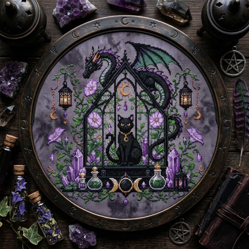 magical fantasy cross-stitch pattern featuring a black cat sitting inside a gothic greenhouse while a dark dragon with green wings curls protectively around the roof. The scene is decorated with lavender flowers, leafy vines, purple crystals, potion bottles, hanging lanterns, crescent moon charms, and celestial ornaments. The rich palette of black, green, lavender, gray, purple, and gold creates a mystical witchy garden mood, perfect for cat lovers, dragon fans, fantasy décor, and handmade walL