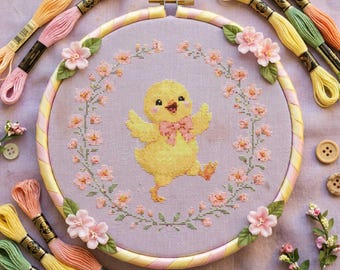 Floral Duckling Cross Stitch Pattern: Easter Baby Chick Wreath Dancing Spring Embroidery PDF