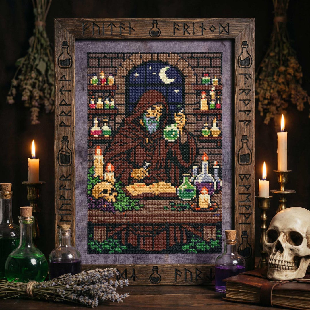 Alchemist Cross Stitch Pattern: Medieval Potion Master Night Laboratory ...