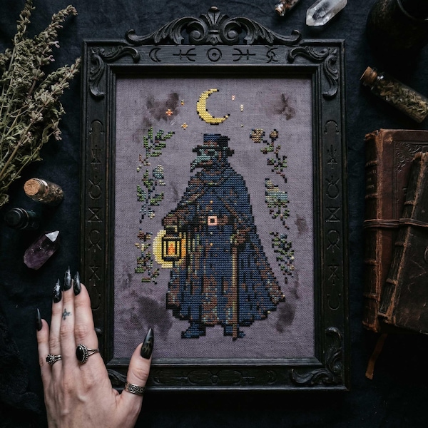 Mystical Plague Doctor Cross Stitch Pattern: Medieval Night Guardian Embroidery (PDF)