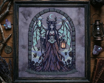 Gothic Witch Queen Cross Stitch Pattern: Dark Fantasy Priestess Raven Moon Embroidery (PDF)