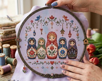 Matryoshka Dolls Cross Stitch Pattern: Russian Folk Floral Nesting Dolls Embroidery PDF