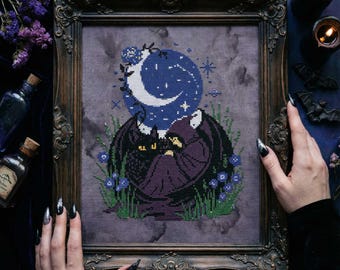 Dark Gothic Bat Cross Stitch Pattern: Magical Bat & Moon Whimsical Fantasy Embroidery (PDF)
