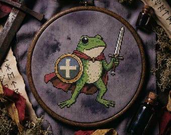 Knight Frog Cross Stitch Pattern: Medieval Fantasy Animal Warrior Embroidery (PDF)