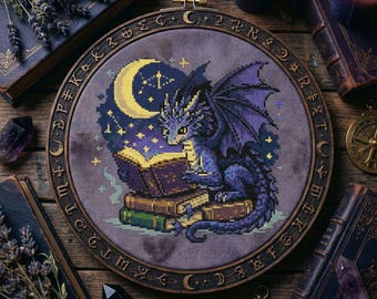 Moon Dragon Cross Stitch Pattern: Night Fantasy Dragon Reading Magic Book Embroidery (PDF)