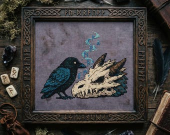Gothic Raven Cross Stitch Pattern: Raven with Dragon Skull Dark Fantasy Embroidery (PDF)