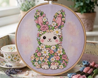 Floral Bunny Cross Stitch Pattern: Flower Covered Rabbit Spring Garden Embroidery (PDF)