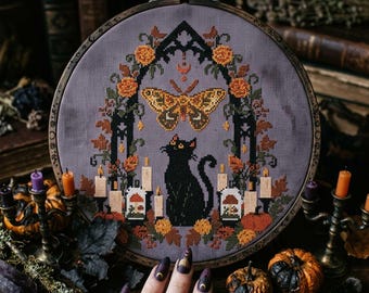 Autumn Black Cat Cross Stitch Pattern: Witchy Pumpkin Candle Moth Gothic Cottagecore Embroidery (PDF)