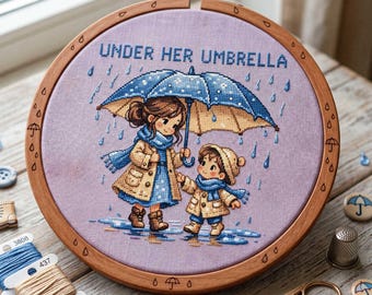 Under Her Umbrella Cross Stitch Pattern: Cozy Mother & Child Rain Scene Embroidery (PDF)
