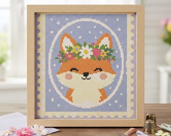 花柄キツネのポートレートクロスステッチパターン：森の動物と花の冠の刺繍（PDF）