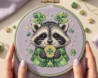 Lucky Raccoon Cross Stitch Pattern: St. Patrick’s Day Shamrock Forest Friend Embroidery (PDF)