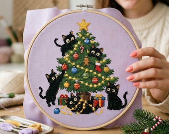 Black Cat Christmas Tree Cross Stitch Pattern: Holiday Ornament Festive Tree Kitten Embroidery PDF