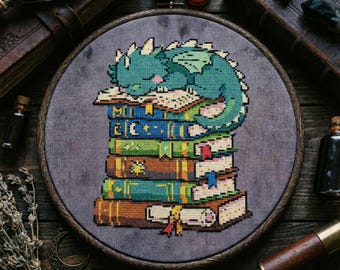 Book Lover Dragon Cross Stitch Pattern: Cozy Sleeping Dragon Embroidery (PDF)