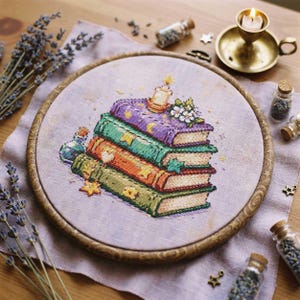 Puede incluir: Un bordado de punto de cruz de una pila de libros coloridos con estrellas doradas y una vela encima. Los libros son en tonos verdes, naranjas y morados, colocados en un bastidor de bordado de madera. El fondo incluye ramitas de lavanda y pequeñas botellas de vidrio.