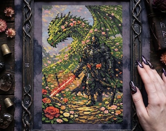 Dragon Knight Floral Cross Stitch Pattern: Fantasy Warrior with Glowing Sword Flowers Guardian Embroidery