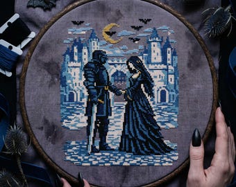 Medieval Fantasy Cross Stitch Pattern: Moonlit Knight Couple at Castle Gates Embroidery (PDF)