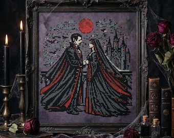 Patrón de punto de cruz gótico romántico: Bordado de amantes vampiros góticos bajo la luna de sangre (PDF)