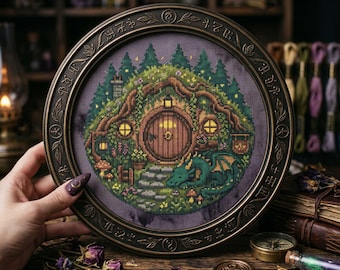 Fantasy Hobbit Dragon House Cross Stitch Pattern: Woodland Cottage Garden Embroidery (PDF)