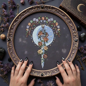 Gothic Floral Dagger Cross Stitch Pattern: Moon Rose Sword in Book Fantasy Embroidery (PDF)
