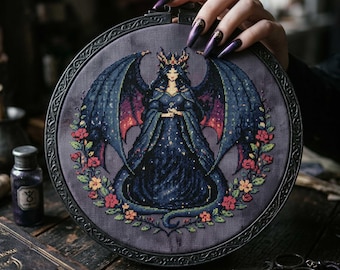 Dark Queen Cross Stitch Pattern: Gothic Winged Sorceress Floral Embroidery PDF