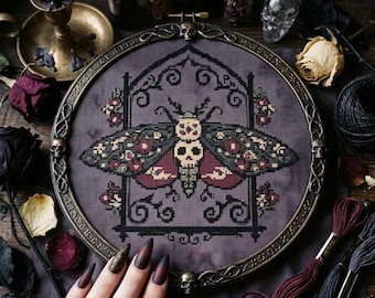 Gothic Skull Moth Cross Stitch Pattern: Floral Frame Dark Academia Embroidery (PDF)
