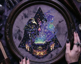 Plague Doctor Cross Stitch Pattern: Fantasy Witch Cauldron Gothic Embroidery (PDF)