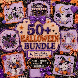 Może przedstawiać: Kolekcja wzorów do haftu krzyżykowego o tematyce Halloween z duchami, nietoperzami i księgarnią czarownic. Centralny tekst brzmi 50+ HALLOWEEN BUNDLE, Instant Digital Download PDFs oraz Cute & spooky cross stitch collection z fioletowymi kokardkami.