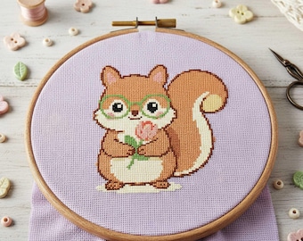 Woodland Squirrel Cross Stitch Pattern: Forest Animal Character Embroidery (PDF)