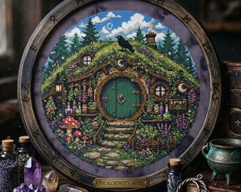 Hobbit Cottage Cross Stitch Pattern: Fantasy Forest Round Door Mushroom Embroidery (PDF)