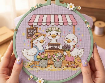 Spring Flower Market Geese Cross Stitch Pattern: Floral Stand Mother day Embroidery (PDF)