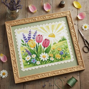 May include: Cross-stitch picture of a spring meadow in a wooden frame. The framed art features a sunny sky, colourful flowers, and a white lace border. The frame is a light brown colour and has a floral design.