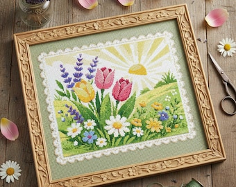 Floral Meadow Cross Stitch Pattern: Tulips Daisies Sunny Landscape Embroidery (PDF)