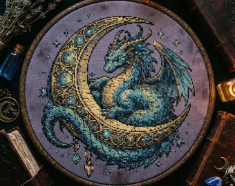 ファンタジームーンドラゴンのクロスステッチパターン：エレガントな翼を持つ三日月ドラゴンの刺繍（PDF）