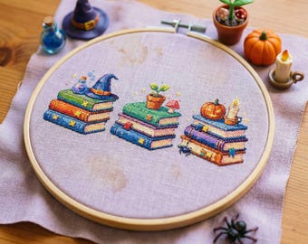 Seasonal Books Cross Stitch Pattern: Magic Plant Pumpkin Book Stack Embroidery (PDF)