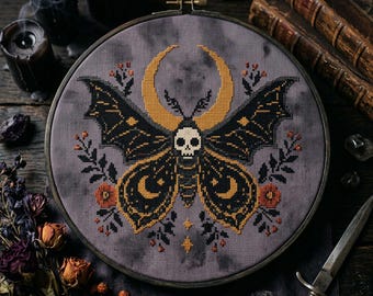 Skeleton Death Moth Cross Stitch Pattern: Gothic Crescent Moon Skull Halloween Embroidery (PDF)