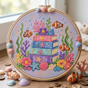 May include: A circular embroidery hoop containing a cross-stitch design of a stack of four books surrounded by coral, seaweed, and three orange and white clownfish. The hoop is decorated with small resin seashells and buttons.