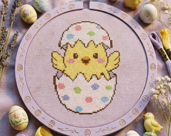 Chick Cross Stitch Pattern: Easter Baby Chick in Egg Embroidery (PDF)