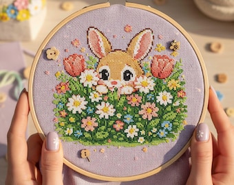 Spring Bunny Cross Stitch Pattern: Rabbit in Flower Meadow Embroidery (PDF)