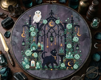 Green Witch Black Cat Cross Stitch Pattern: Ghost Lanterns Crystals Magical Garden Embroidery (PDF)