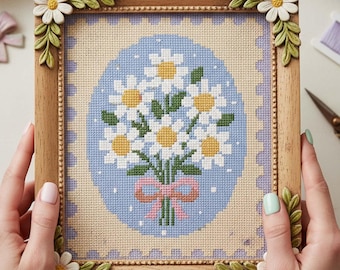 Daisy Bouquet Cross Stitch Pattern: Spring Floral Oval Embroidery (PDF)