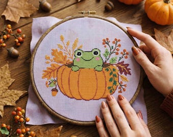 Frog on Pumpkin Cross Stitch Pattern: Cozy Fall Animal Embroidery (PDF)