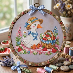 Peut inclure: Broderie au point de croix dans un cercle en bois. Le motif représente une oie blanche portant un chapeau et une écharpe, assise sur une couverture de pique-nique. Un panier de fraises et de fleurs est à proximité. Le cercle est décoré de fraises et de marguerites, et un nœud vichy bleu le surmonte.