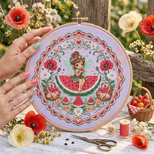 May include: A cross-stitch embroidery hoop featuring a fairy sitting on a watermelon slice, surrounded by red poppies, daisies, and baskets of watermelon. The design is set against a lavender background, with a wooden hoop frame. The overall theme is summer and nature.