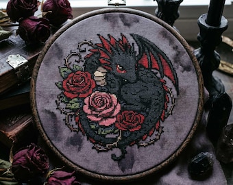 Dark Fantasy Dragon Cross Stitch Pattern: Black Dragon Floral Gothic Embroidery (PDF)