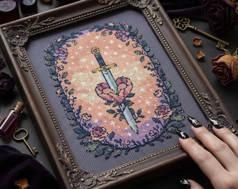 Romantic Gothic Cross Stitch Pattern: Sacred Heart Sword Floral Tarot Embroidery (PDF)