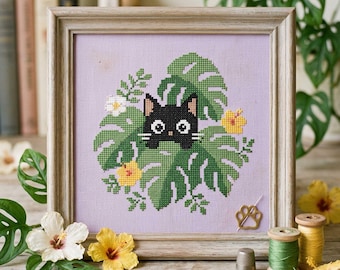 Monstera Cat Cross Stitch Pattern: Black Cat Tropical Leaves Jungle Botanical Embroidery (PDF)
