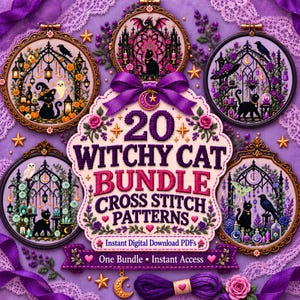 Peut inclure: Une collection numérique de 20 modèles de point de croix de chats sorciers avec des chats noirs, des arches gothiques, des lanternes et des fleurs. Le texte central indique 20 WITCHY CAT BUNDLE CROSS STITCH PATTERNS, Instant Digital Download PDFs.