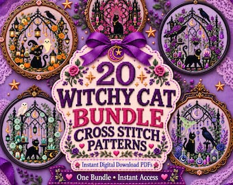 Witchy Cat 20+ Cross Stitch Bundle, Gothic Cat Halloween Patterns, Floral Moon Magic PDF