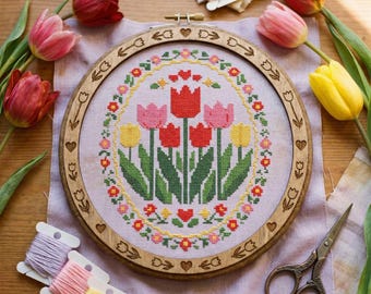 Floral Cross Stitch Pattern: Tulip Bouquet Round Frame Embroidery (PDF)